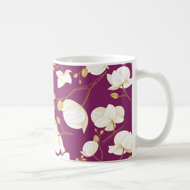 Taza De Café Orquídea dorada y blanca elegante, moderna (Derecha)