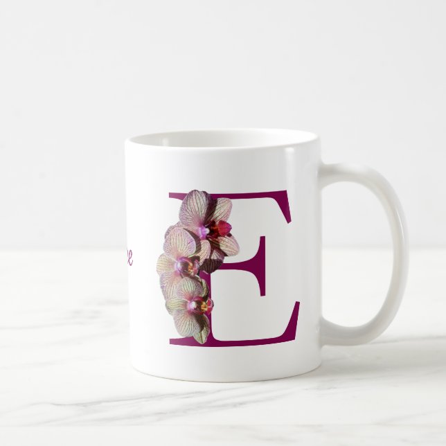 Taza De Café Orquídea Elegante Monograma Nombre E Inicial (Derecha)