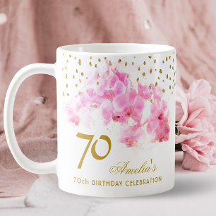 Taza De Café Orquídea Rosa Acuarela Dorado Brillante Cumpleaños