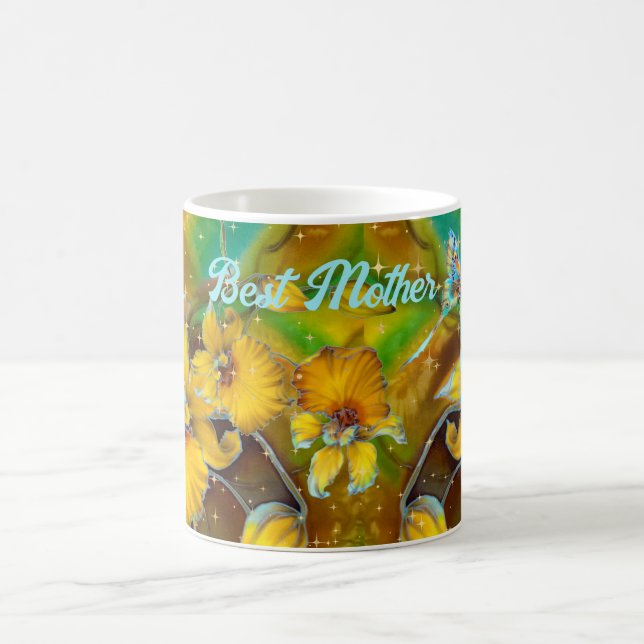 Taza De Café Orquídeas Amarillas Oro Mágico Estrellas Verde (Centro)