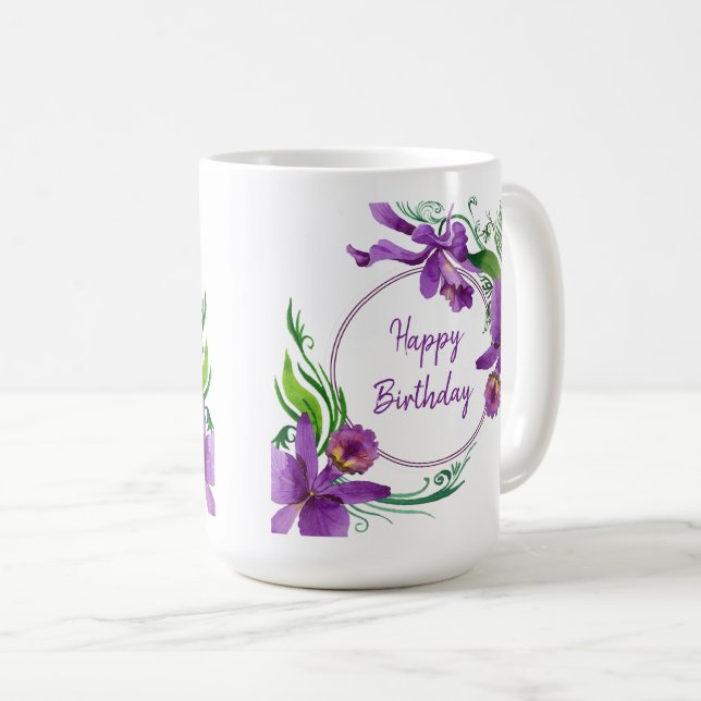Taza De Café Orquídeas Púrpura Feliz Cumpleaños (Anverso derecho)