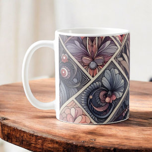 Taza De Café Oscuro Romance Borgoña Art Deco Verano Floral