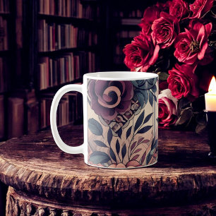 Taza De Café Oscuro Romance Borgoña Art Deco Verano Floral