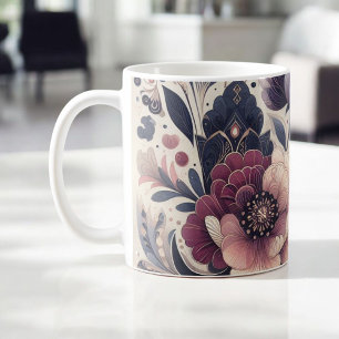 Taza De Café Oscuro Romance Borgoña Art Deco Verano Floral
