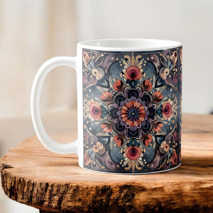 Taza De Café Oscuro Romance Borgoña Art Deco Verano Floral