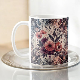 Taza De Café Oscuro Romance Borgoña Art Deco Verano Floral