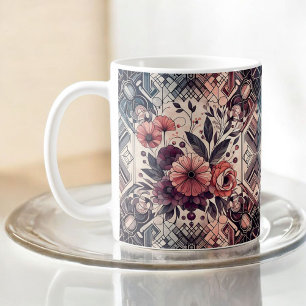 Taza De Café Oscuro Romance Borgoña Art Deco Verano Floral