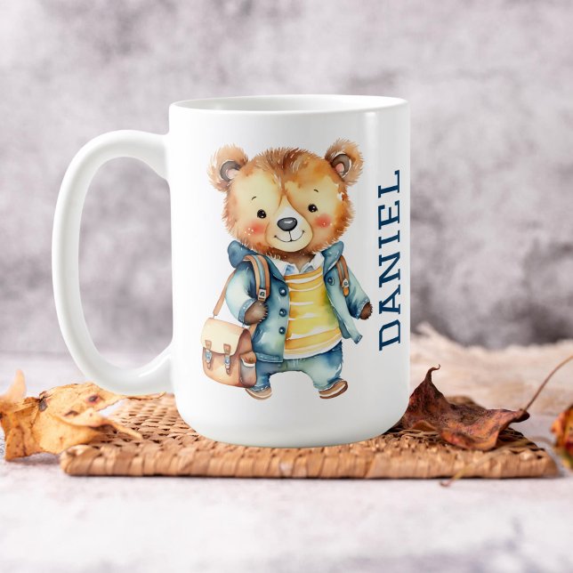 Taza De Café Osito de peluche lindo de primer grado en bolsa de (Hello first grade cute teddy bear in a jacket and school bag personalized name mug gifts for boys)