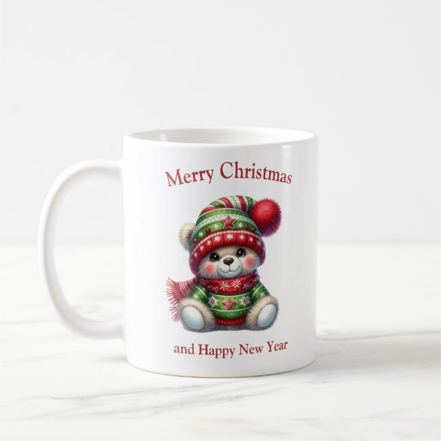 Taza De Café Oso de peluche con Navidades, suéter y gorra (Izquierda)
