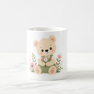 Taza De Café Oso de peluche lindo sosteniendo un ramo de flores