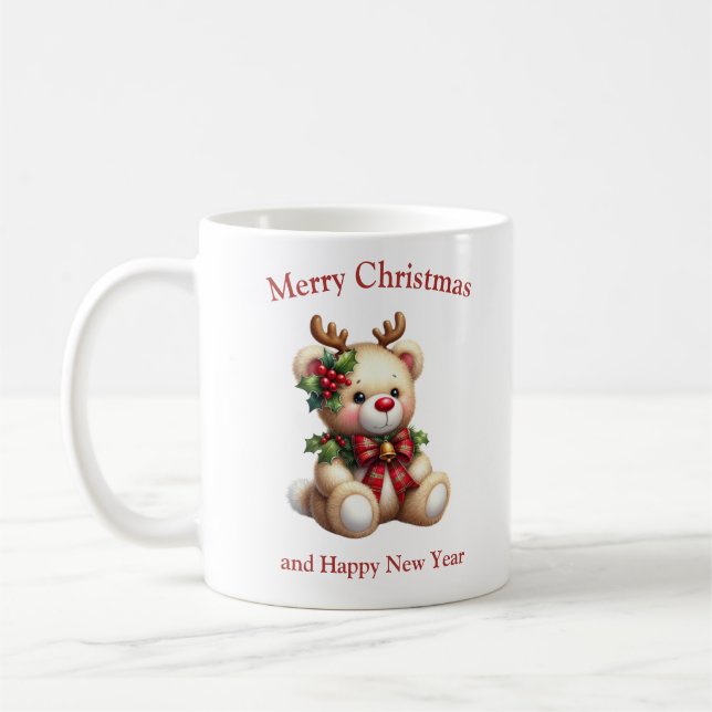 Taza De Café Oso de peluche navidad con renos crudos mistleto (Izquierda)