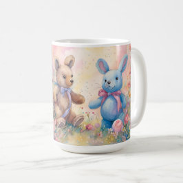 Taza De Café Oso de peluche y conejo en un jardín pastel