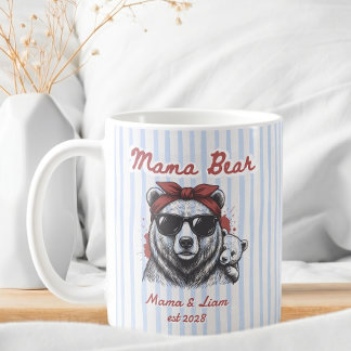 Taza De Café Oso Mamá Adorable Personalizado Rayas Azules Regal