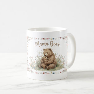 Taza De Café Oso Mamá Dulce y Oso Bebé Acuarela Floral 