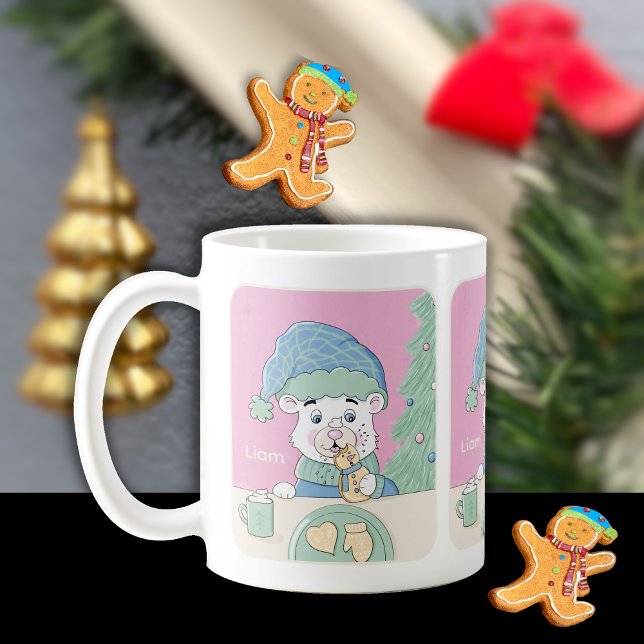 Taza De Café Oso polar lindo con peluca navideña (Festive Holiday mug with name .)
