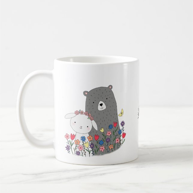 Taza De Café Oso y conejito con flor nombre personalizado (Izquierda)