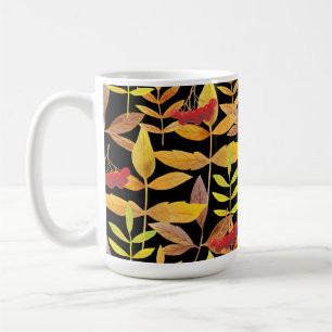 Taza De Café Otoño de hojas y bayas fondo negro