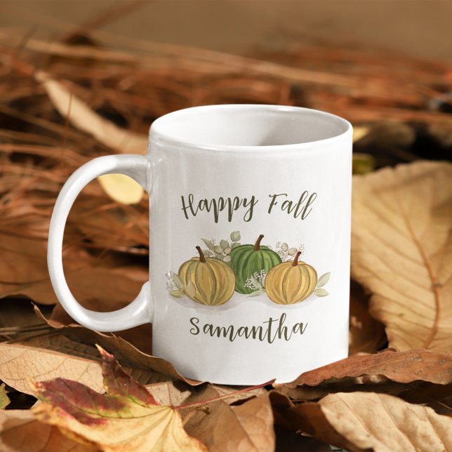 Taza De Café Otoño Feliz otoño acuarela personalizada (Fall autumn pumpkin gourds personalized throw pillow. )