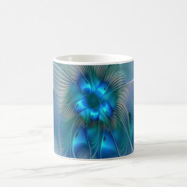 Taza De Café Ovaciones de pie, fractal azul turquesa abstracto (Centro)