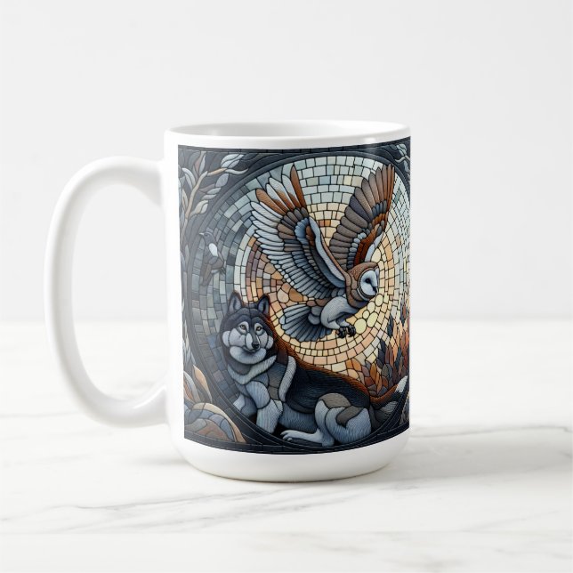 Taza De Café Owl and Wolf Mosaic Nature Ai Art (Izquierda)