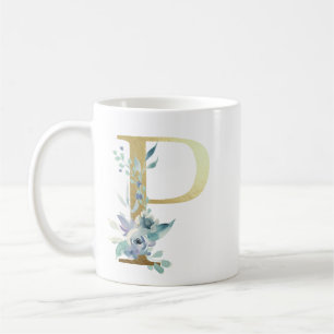 Taza De Café P, inicial dorada con follaje floral azul