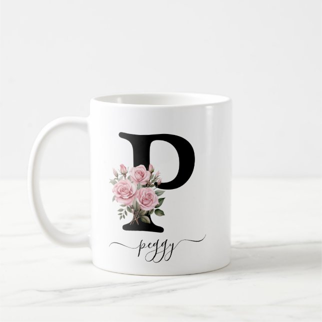 Taza De Café P Monograma Flor Flor Flor Rosa Rosada Mug (Izquierda)