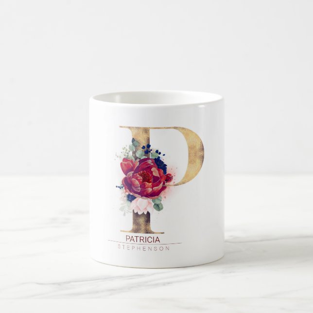 Taza De Café P Monograma Floral Borgoña Rojo y Azul Marina (Centro)