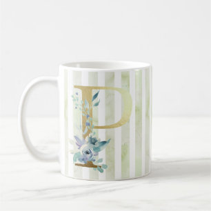 Taza De Café P, rayas azules y blancas iniciales doradas,