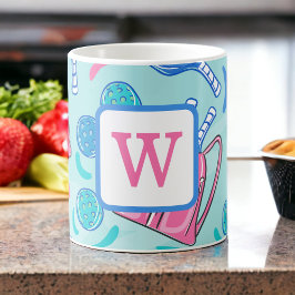 Taza De Café Paddle de pelota y bolas azul Preppy Inicial