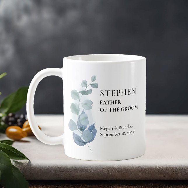 Taza De Café Padre del Boda de la vegetación del Eucalipto del  (Eucalyptus wedding parents gift to personalize for anyone or everyone in your wedding party)
