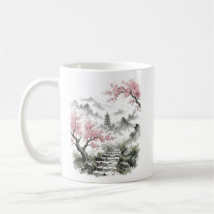 Taza De Café Pagoda de flor de cerezo japonesa acuarela