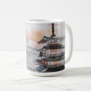 Taza De Café Pagoda Japonesa Acuarela & Fuji