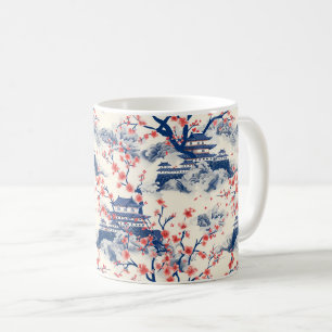 Taza De Café Pagoda Japonesa Flor de Cerezo Crema Azul