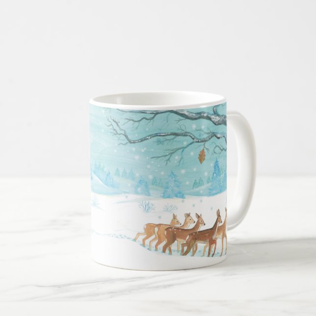 Taza De Café Paisaje boscoso de nieve en invierno de Roe Deer (Anverso derecho)