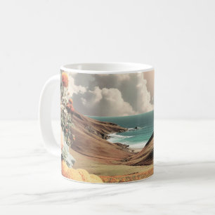 Taza De Café Paisaje costero surrealista con flores y nubes