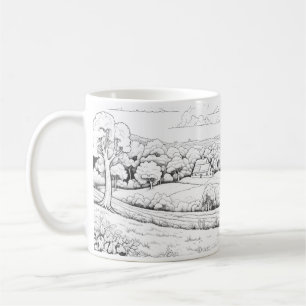 Taza De Café Paisaje De Campo En Estilo Esbozo