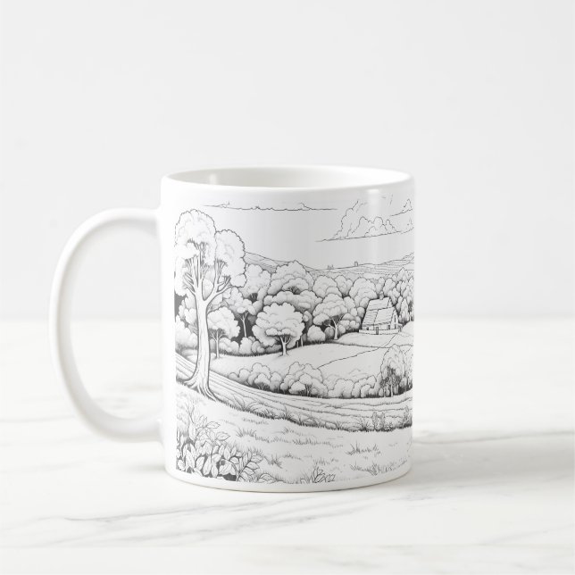 Taza De Café Paisaje De Campo En Estilo Esbozo (Izquierda)