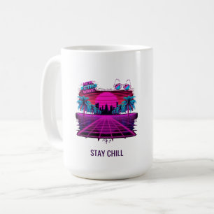 Taza De Café Paisaje de cuadrícula neón Retro Vaporwave Synthwa