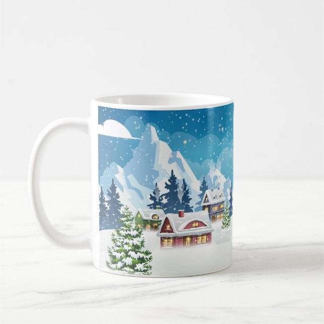 Taza De Café Paisaje de invierno del pueblo nocturno con cubier (Izquierda)