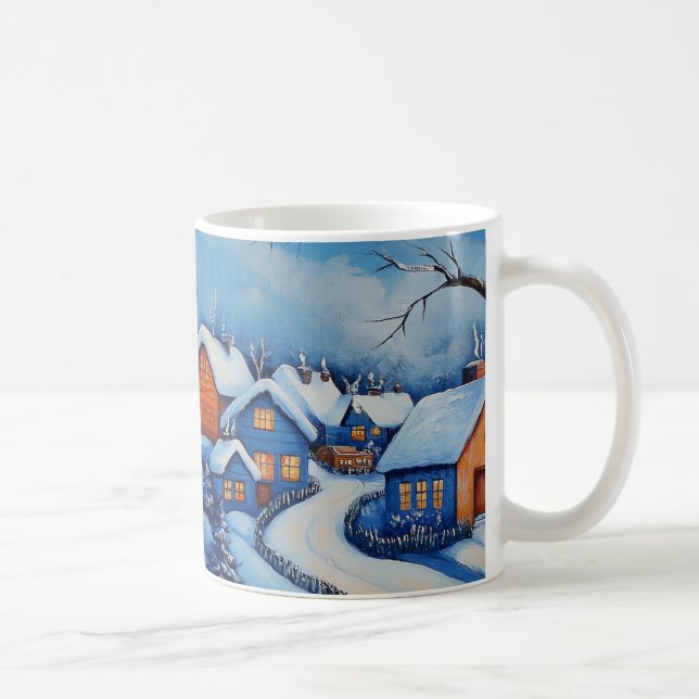 Taza De Café Paisaje de pueblo de Snowman, Navidades azules y b (Derecha)