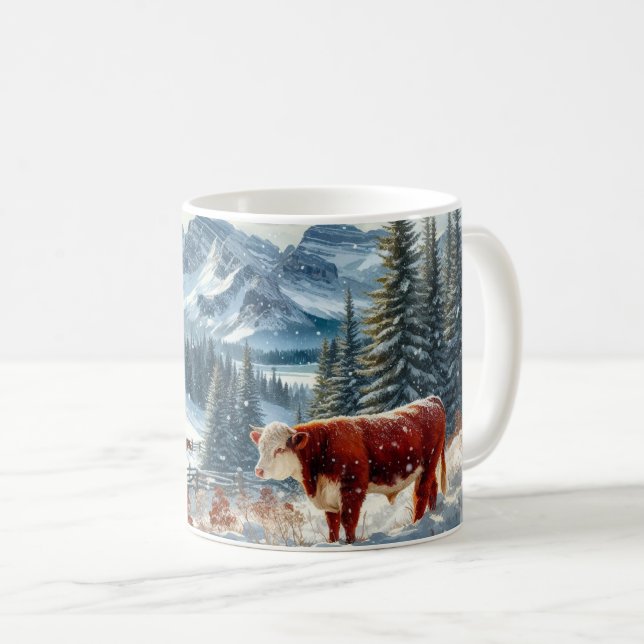 Taza De Café Paisaje invernal con vacas que avivan la nieve (Anverso derecho)