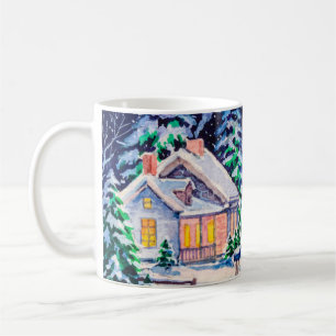 Taza De Café Paisaje invernal nevado. Casa de campo. NAVIDADES 