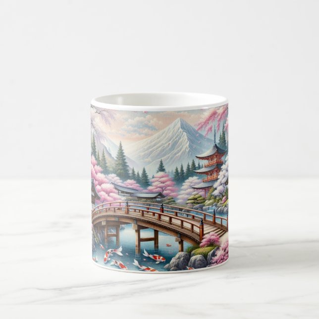 Taza De Café Paisaje japonés con árboles de Bridge, Koi y Sakur (Centro)