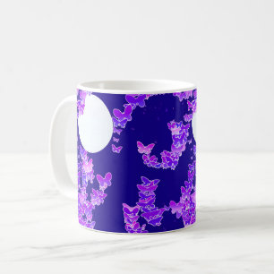 Taza De Café Paisaje lunar con mariposas - lila, azul oscuro