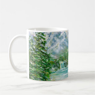 Taza De Café Paisaje montañoso de primavera. Mano acrílica or