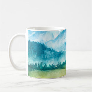 Taza De Café Paisaje montañoso. Ilustracion acuático.