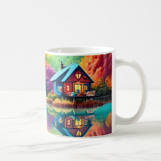 Taza De Café Paisaje natural con lago, cabaña, otoño (Derecha)