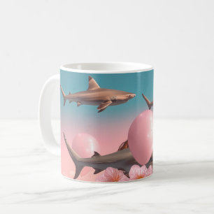 Taza De Café Paisaje onírico surrealista con tiburones y globos