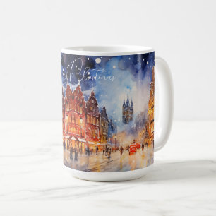 Taza De Café Paisaje urbano europeo de invierno en acuarela Nav