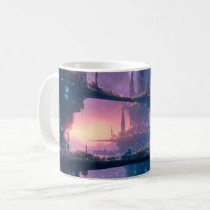 Taza De Café Paisaje urbano futurista al anochecer